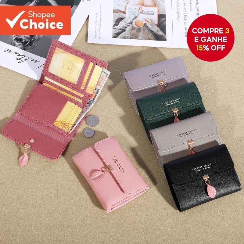 Nova moda pequena carteira feminina estilo curto versão coreana simples pequena folha fresca três ve