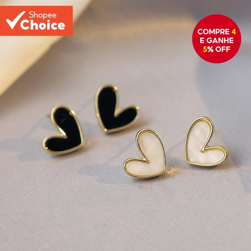 Brincos De Coração Branco Preto Joias Doces Simples Para Meninas Moda De Festa