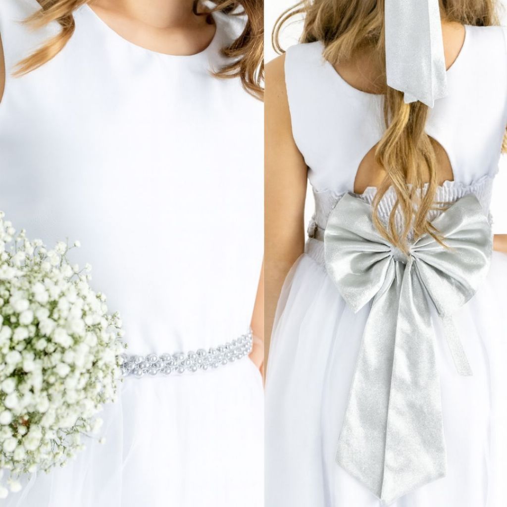 Cinto de Pérolas + Laço Cinza Prata Prateado para Daminha | Festa Infantil REF4197