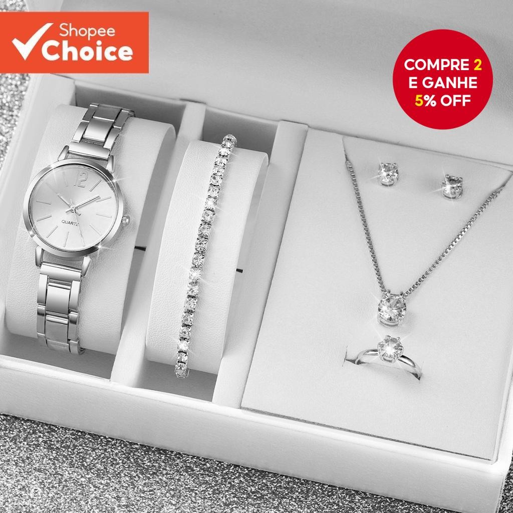 6 Peças Da Moda Feminina Elegante Mini Pulseira De Aço Conjunto De Relógio De Quartzo Joias De Stras