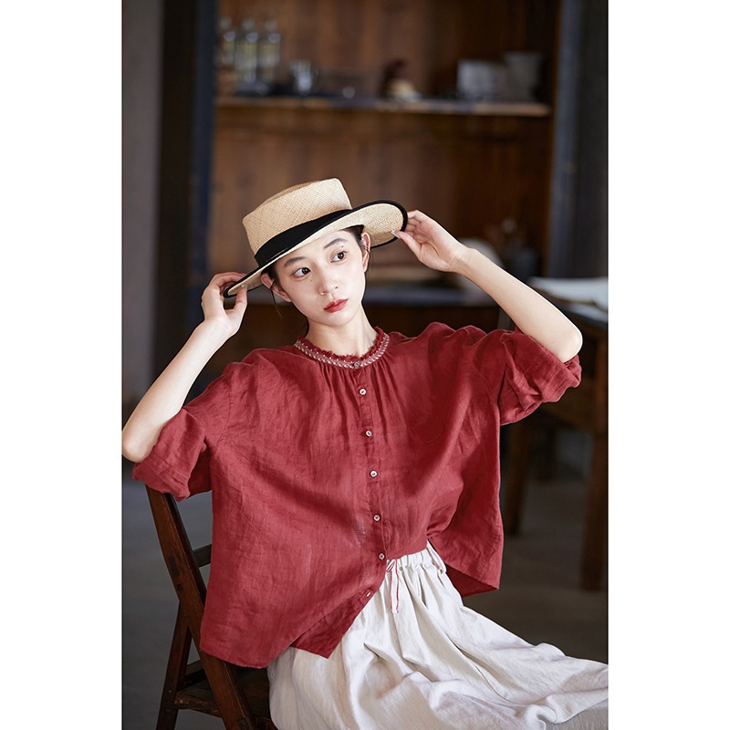 High-end Nova Primavera , Verão E Outono Roupas Femininas Literárias Zhuying Linho Vermelho Requinta