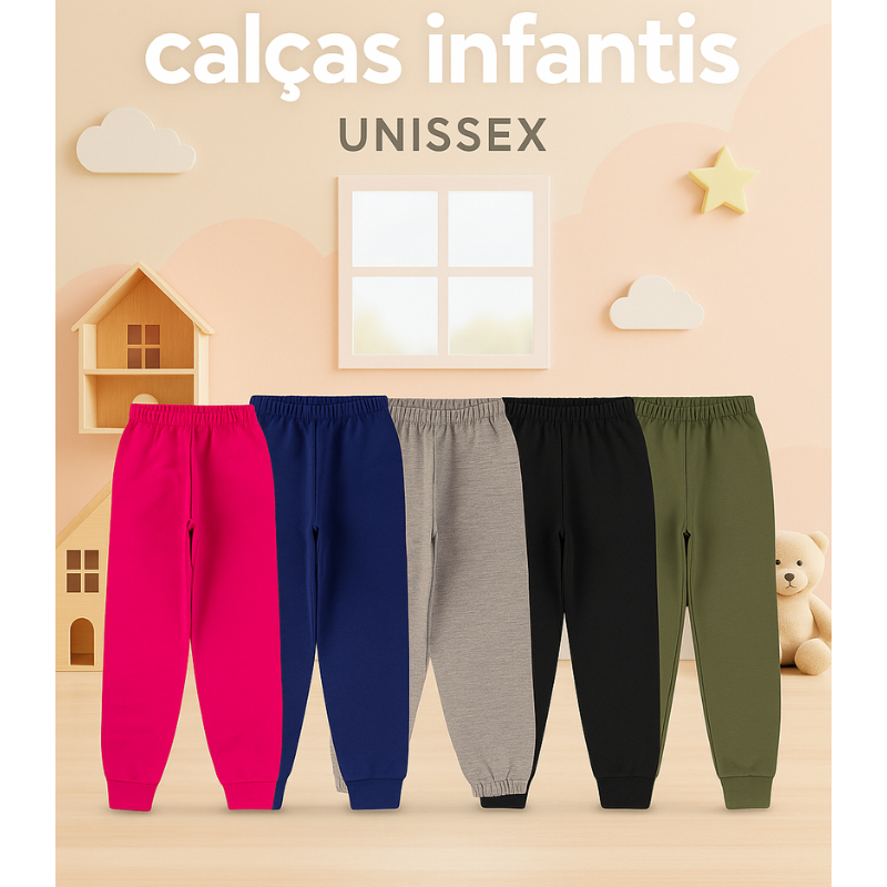 Kit 2 Calça Infantil Menina e Menino Moletom e Juvenil Com Punho Flanelada – Cores Variadas