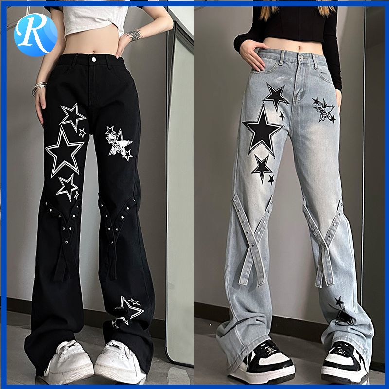 Weila Ins Style Star Print Y2K Subculture Trend Calças De Ganga Femininas De Cintura Alta Casual Sli