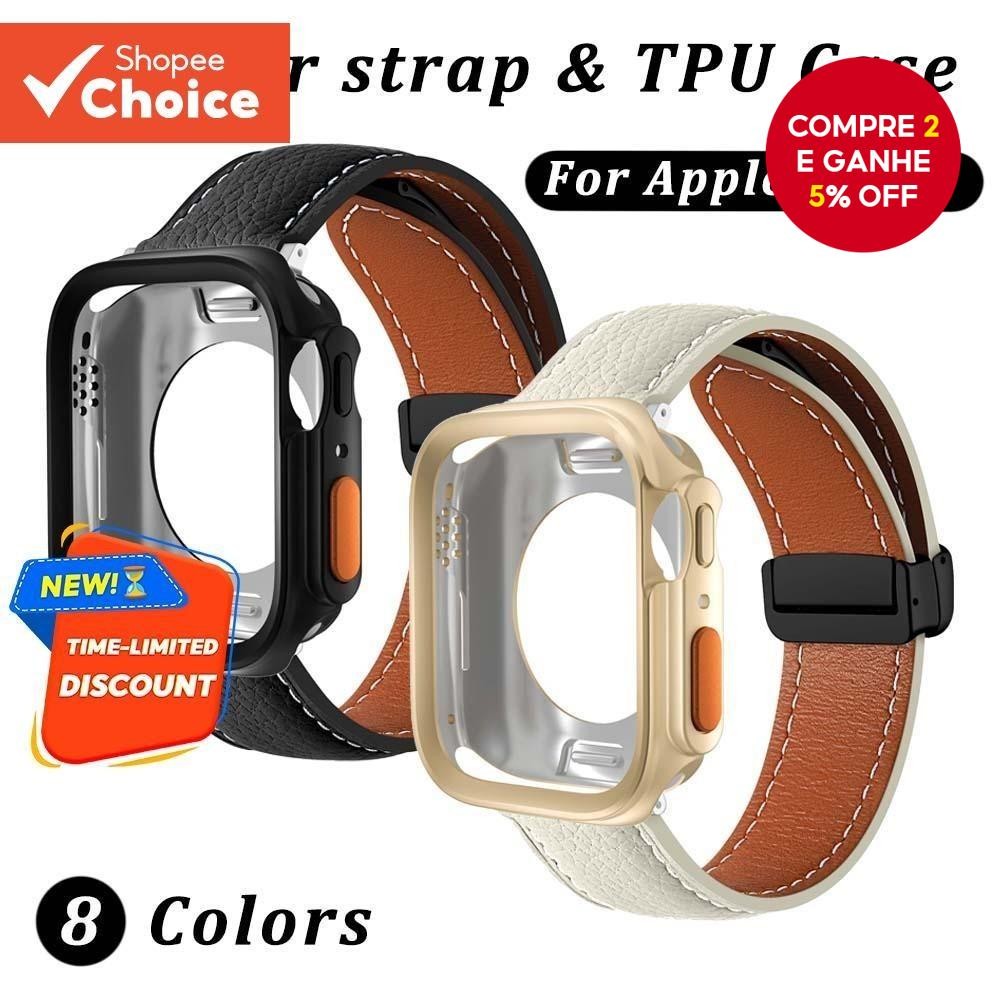 Pulseira De Couro Para Apple Watch 9 8 7 Capa À Prova De Choque Com Fivela Magnética