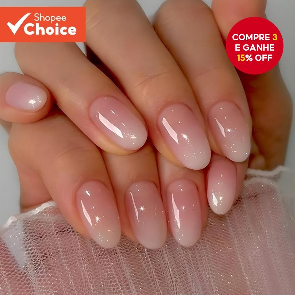 Pregos Curtos Brilhantes Amêndoa 24pcs Rosa Gradiente para Meninas Uso Diário