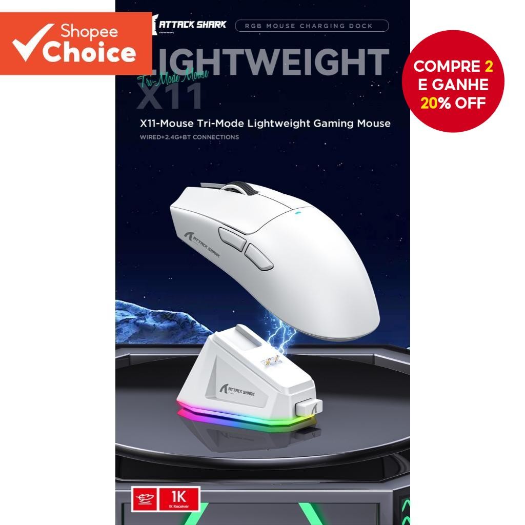Mouse Attack Shark X11 Sem Fio Bluetooth Três Modos 2.4G BT5.0 22000DPI Recarregável RGB PC Gaming C