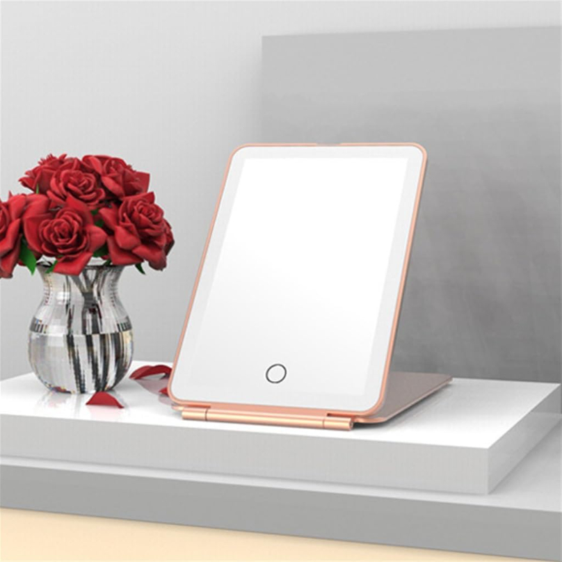 Espelho de Maquiagem Portátil com Luz LED  Dobrável e Compacto