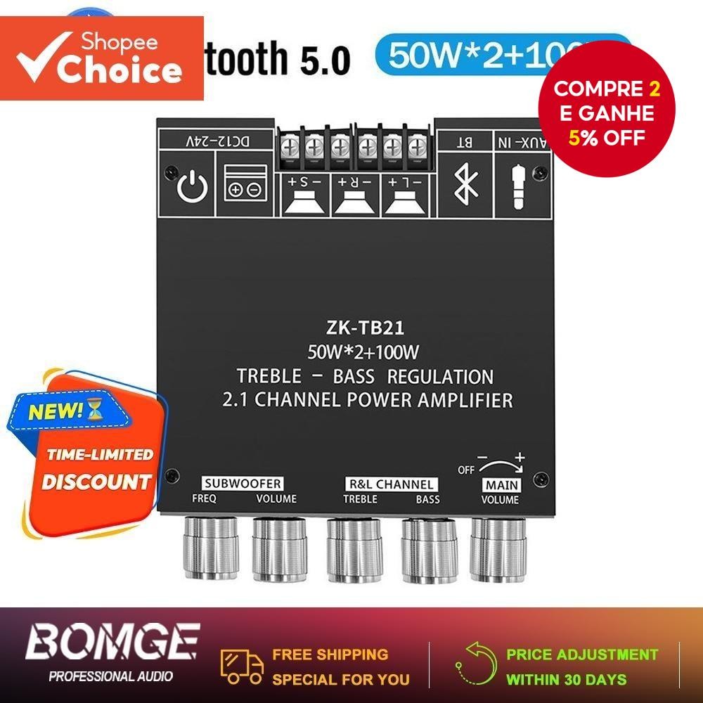 Placa Amplificadora De Subwoofer ZK-TB21 TPA3116D2 Bluetooth 5.0 50Wx2 100W Classe D 2.1CH
