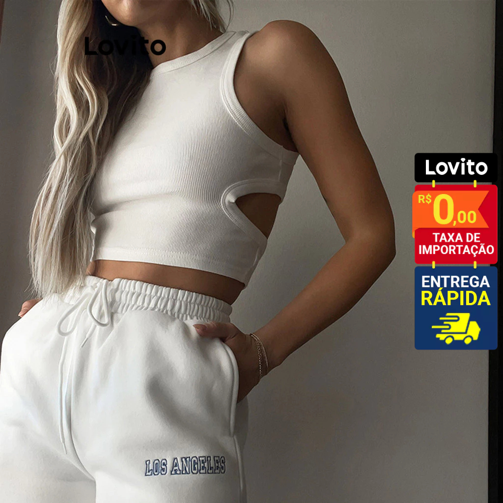 Lovito Regata Feminina Casual Cropped com abertura Costas LNL41060