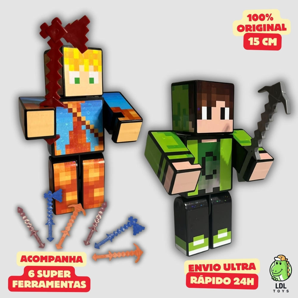 Kit 2 Bonecos 15cm Cadres + Lopers Gamer + 6 Ferramentas + 2 Chveiros Articulado Youtuber Algazarra