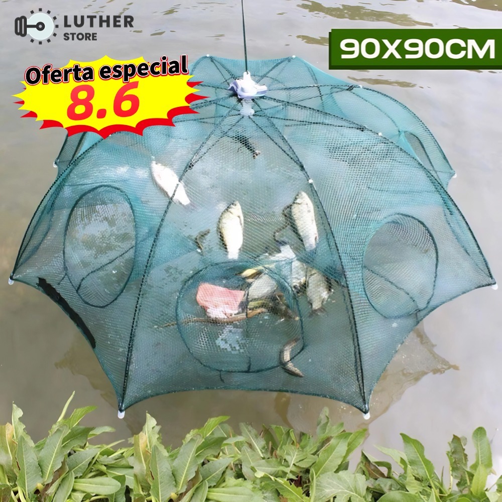 Armadilha Covo Peixe Isca Viva Lambaris Camarões 90x90cm/ peixes com 8 entradas Rede Retrátil
