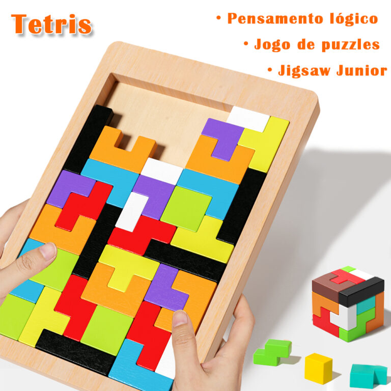 Tetris Quebra-Cabeça 3D Colorido Tangram De Madei