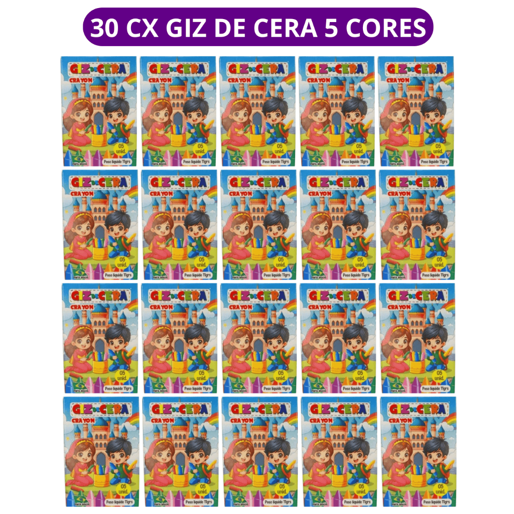 30 cx Mini Giz de Cera 5 Cores P/ Kit Festa Infantil Lembrancinha Artesanato 50, 40, 30, 20 ou 10