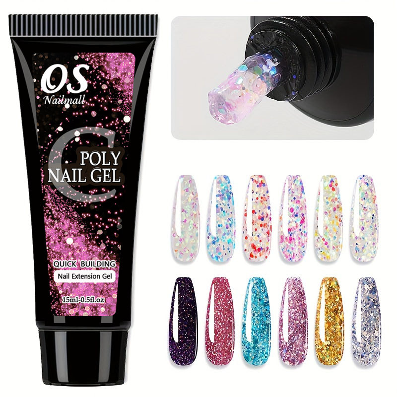 Gel de Extensão de Unha de Polímero 15ML – 12 Cores de Glitter, Gel de Construção para Unhas, Ferram