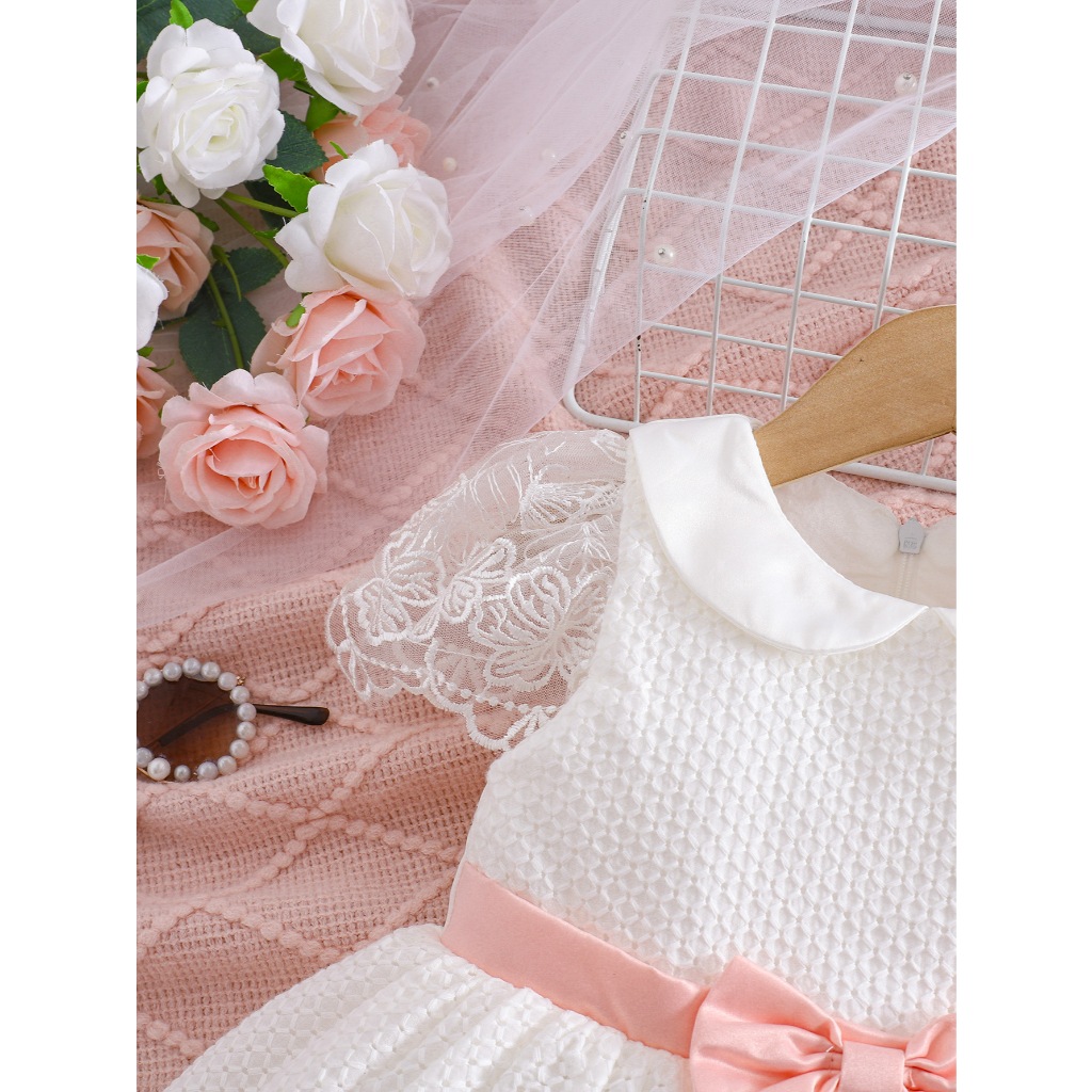 Meninas mangas de renda casamento flor menina vestido bebê menina doce saia de renda rosa arco vesti