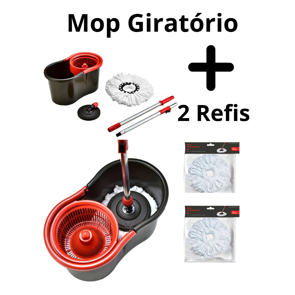 haosin mop giratório multiuso Plástico 360° com 2 Refil Rodinhas e Cesto Em cabo de 115cm