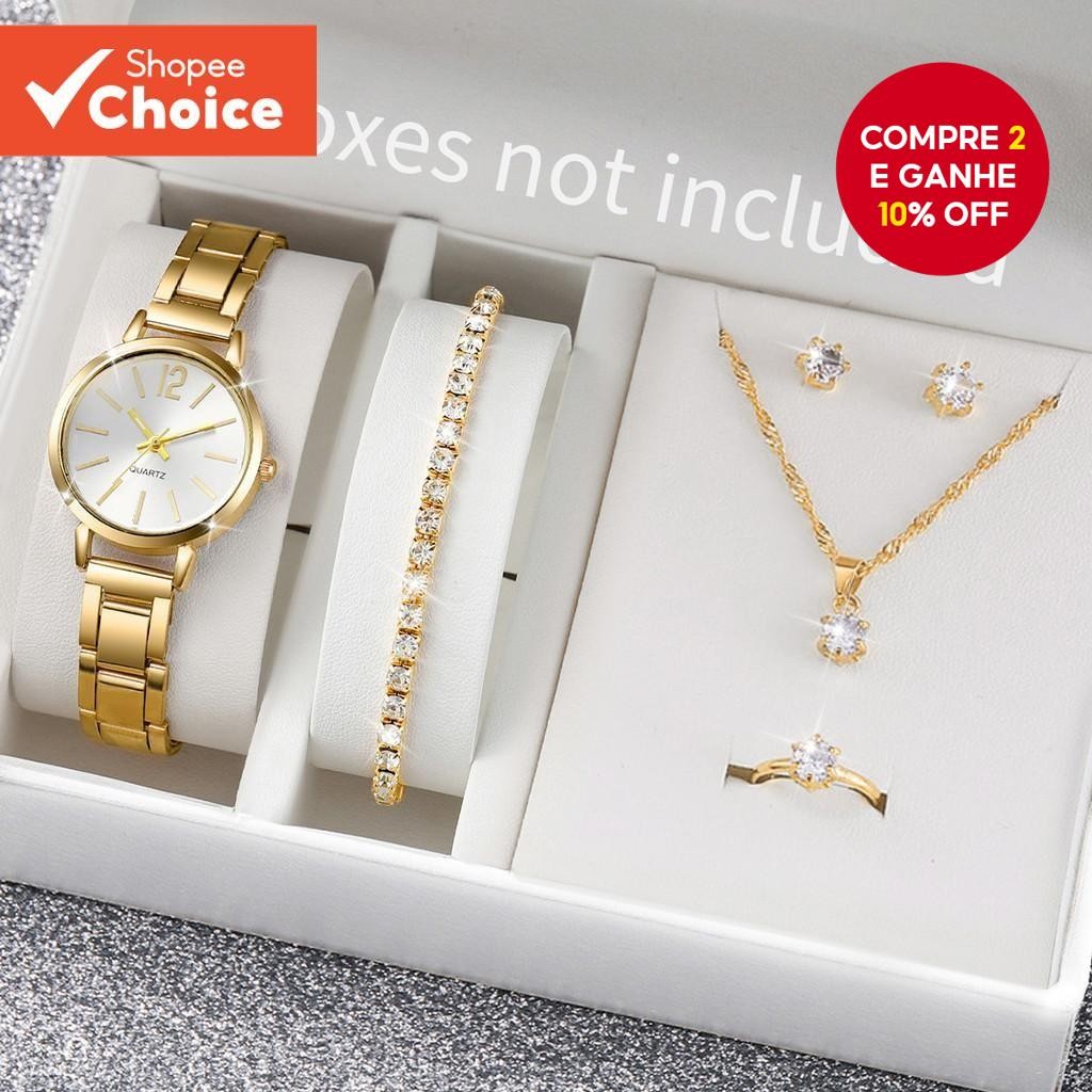 Conjunto De Relógio Feminino Ros ivga 6 Peças De Pulseira De Liga De Quartzo Com Strass Joias Da Mod