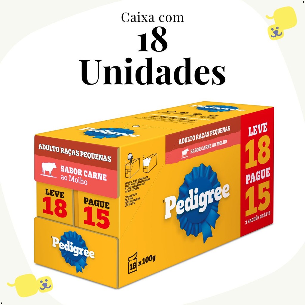Kit 18 Sachês Pedigree Cães Adultos Raças Pequenas Alimento Úmido Cachorro Sabor Carne 100g