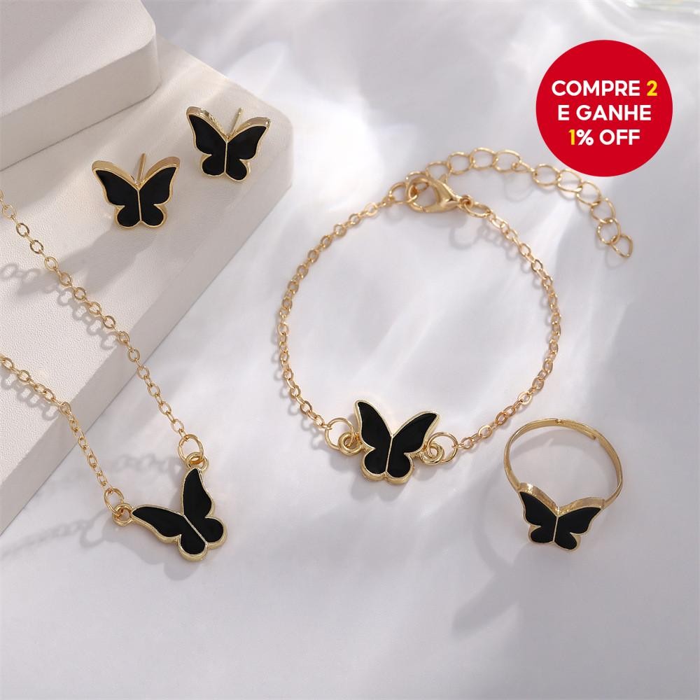 Conjunto De Joias De Borboleta Anel Colar Brincos Pulseira Elegante Presente Portátil Para Mulheres
