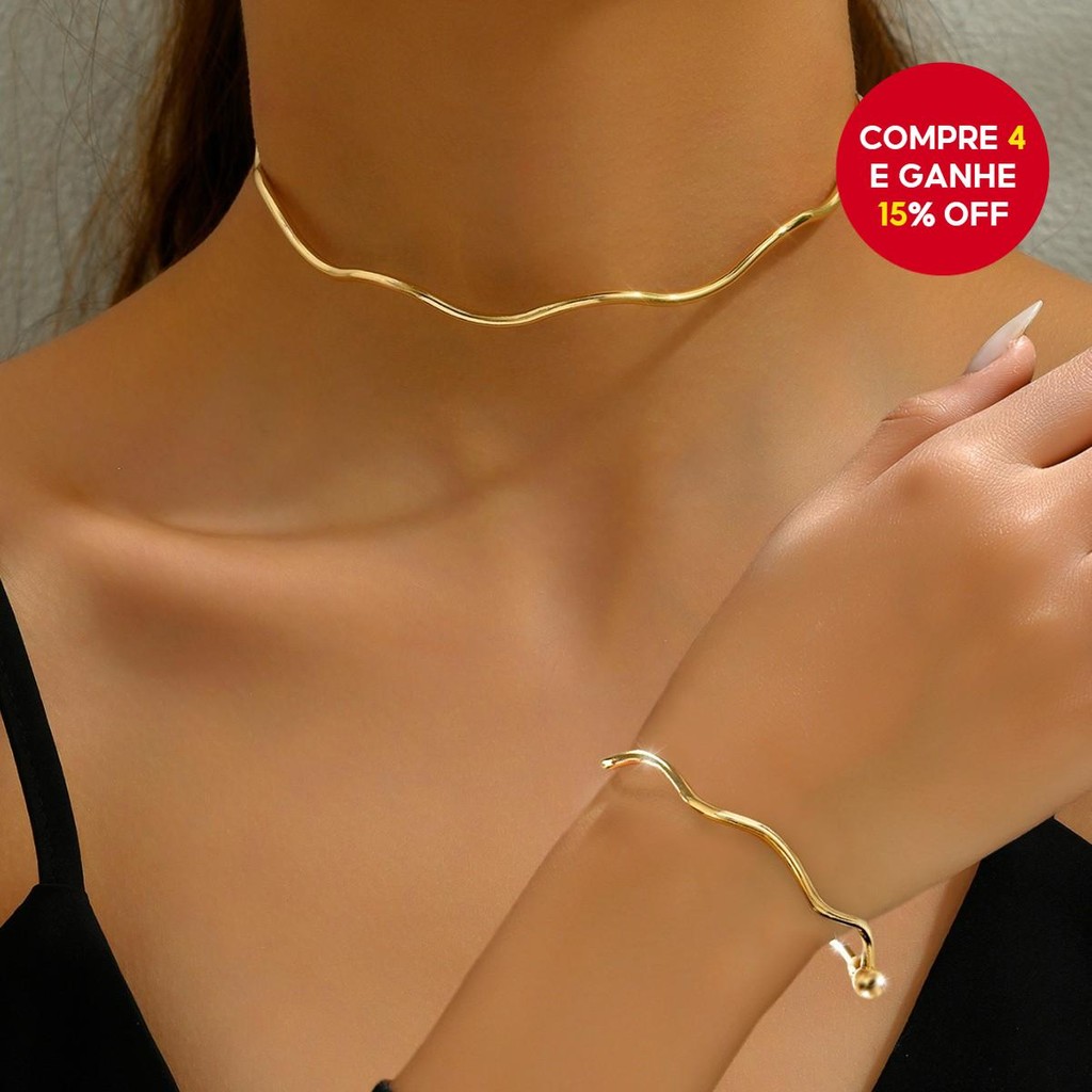 Conjunto De Joias Gargantilha Com Corrente Ondulada Minimalista  Colar E Pulseira Punk Ajustáveis ,