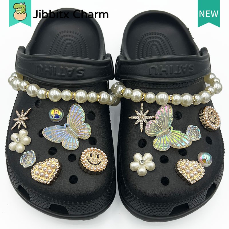 Charms para Sandálias Clogs DIY ABS Prata 16 Peças Pérolas Correntes Borboleta Sorriso Coração Flore