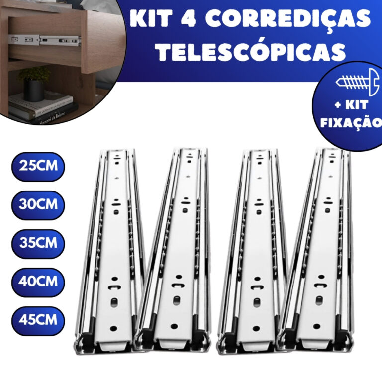 Kit 4 Corrediças Telescópicas Light Gaveta Aço 