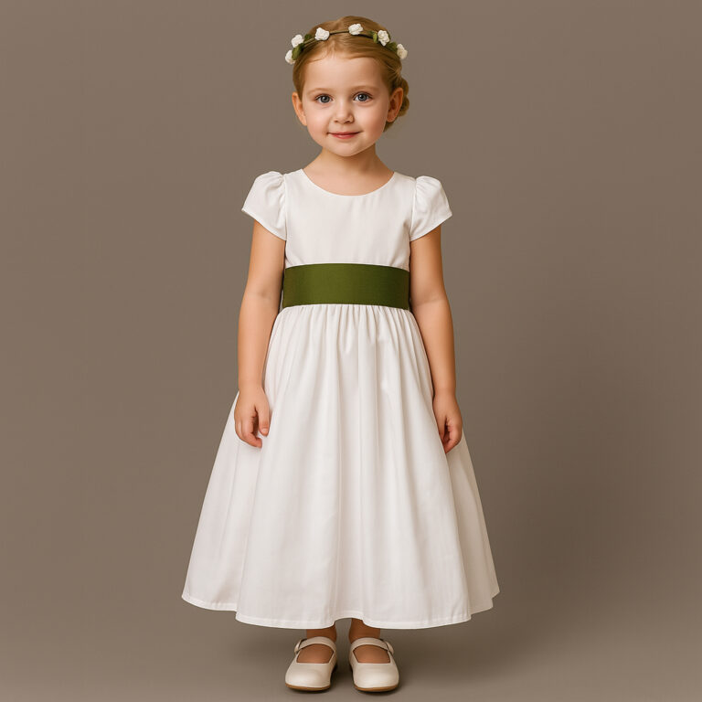 Vestido Branco Longo Infantil com Manga Faixa Verd
