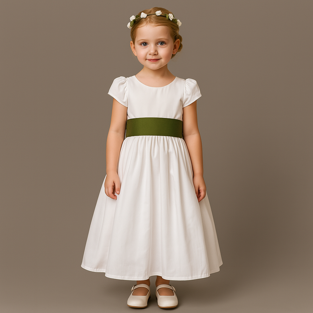 Vestido Branco Longo Infantil com Manga Faixa Verde Oliva Terracota Musgo Lilás Serenity REF4192