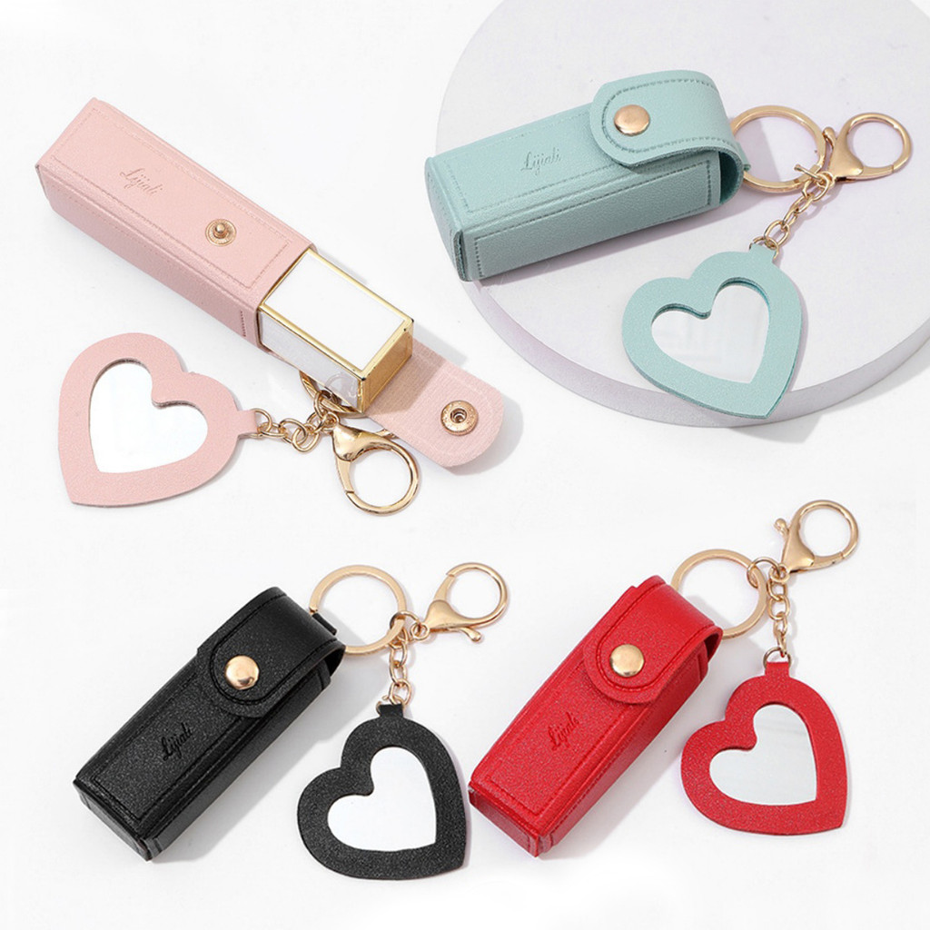 Criativo Couro Do Plutônio Batom Saco Chaveiro Em Forma De Coração Espelho Pingente Feminino Bolsa O