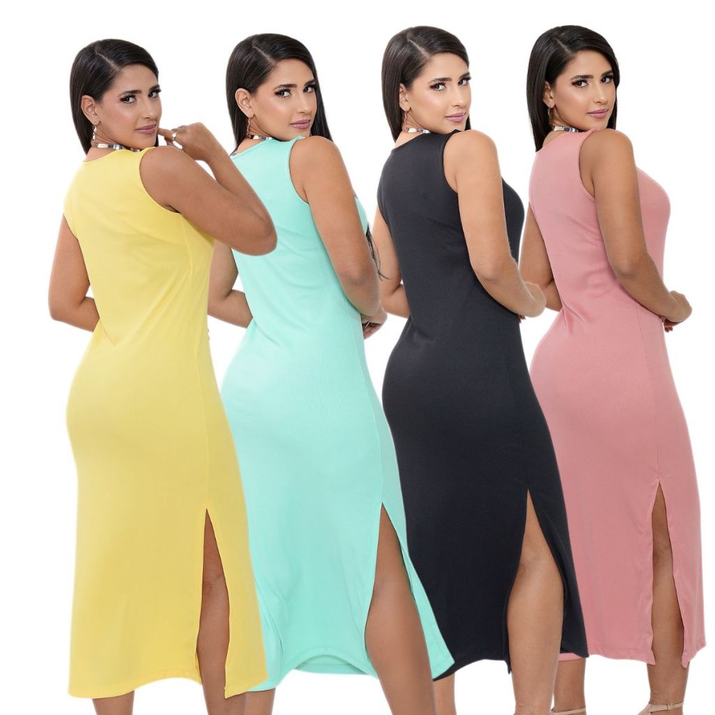 Vestido Casual Midi Feminino Ribana Canelada Vestido Elegante