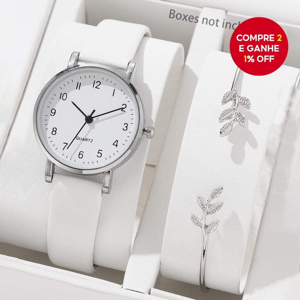 Relógio Feminino Elegante – Quartzo Com Pulseira De Couro E Bracelete De Aço Inoxidável Para O Dia A