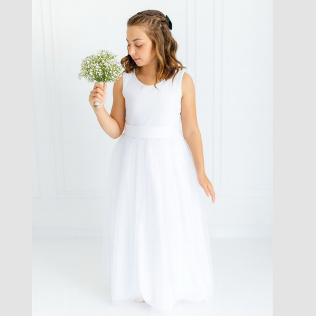 Vestido Infantil Dama de Honra Branco Longo Faixa 