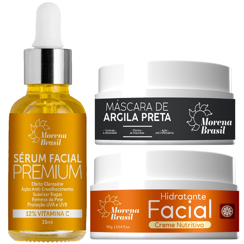 Kit 3 em 1   Sérum Vitamina C, Creme Nutritivo e Máscara de Argila Preta | Cuidados Intensivos