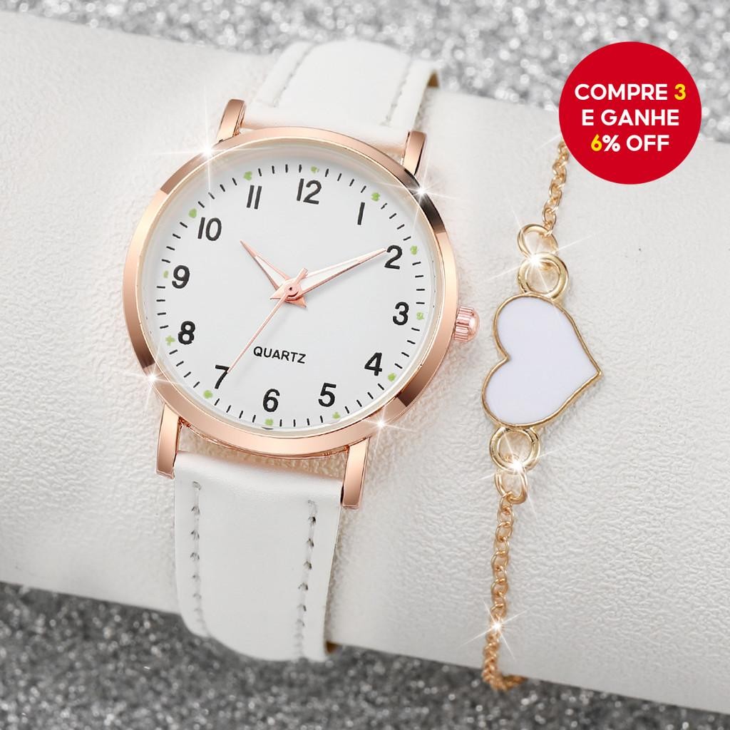 Conjunto Elegante De Relógio Feminino E Pulseira De Coração Com 2 Peças-Quartzo Mostrador Árabe Cour