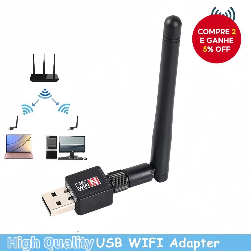 Adaptador de Wi-Fi Mini USB para PC, Cartão de Rede Sem Fios, Dongle LAN com Antena para Windows.