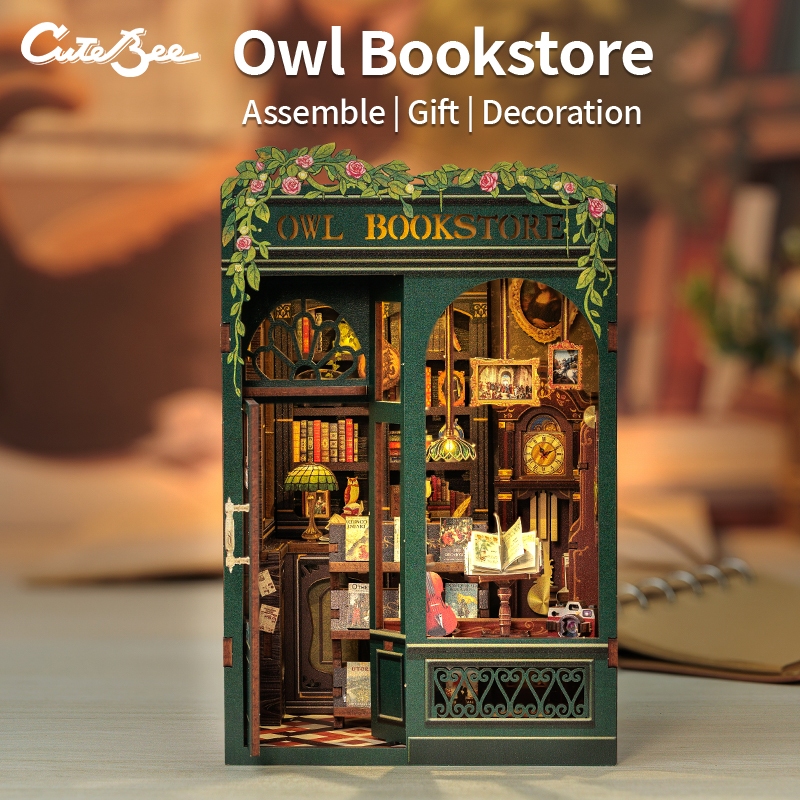CUTEBEE OWL BookStore Book Nook DIY Doll House Retro Estilo Casa Miniatura Novidade Brinquedos 3D Pu