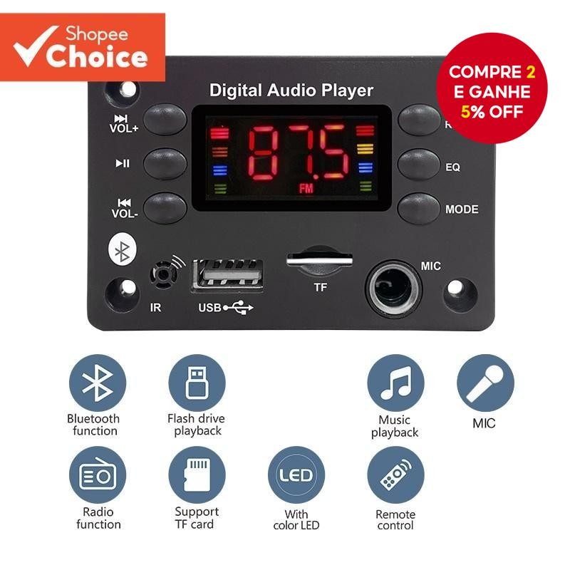 Placa DC 5V 12V Bluetooth 5.0 MP3 WMA WAV APE , Áudio De Carro Mãos-Livres USB TF Rádio FM Alto-Fala
