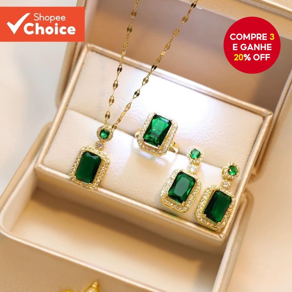 Conjunto De Joias Retrô Esmeralda De Três Peças , Anel , Brinco , Pingente , Presente De Aniversário
