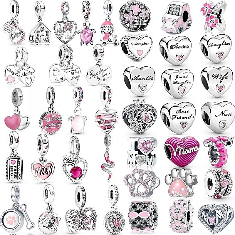 Berloque Charme Pingente Rosa Prata 925 Diamante Encantos Família Mãe Irmã Para Meninas Jóias Charms