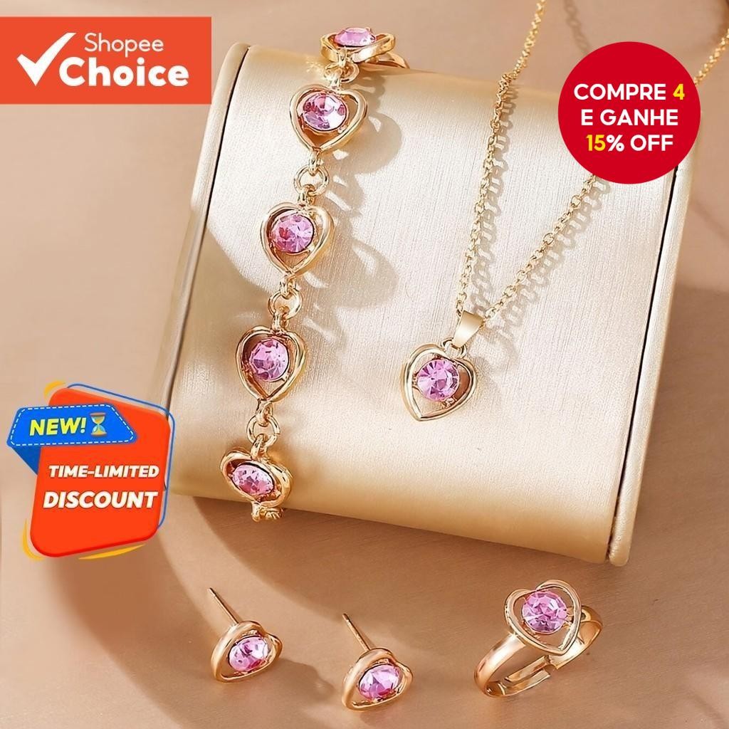Elegante Nobre 5 Peças Conjunto De Joias De Zircônia Rosa Oco Brilho Pulseira Anel Brincos Femininos