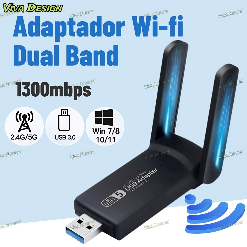 Adaptador Wi-fi Dual Band 2-4G e 5G USB 3.0 5Ghz 1300Mbps 2 Antenas