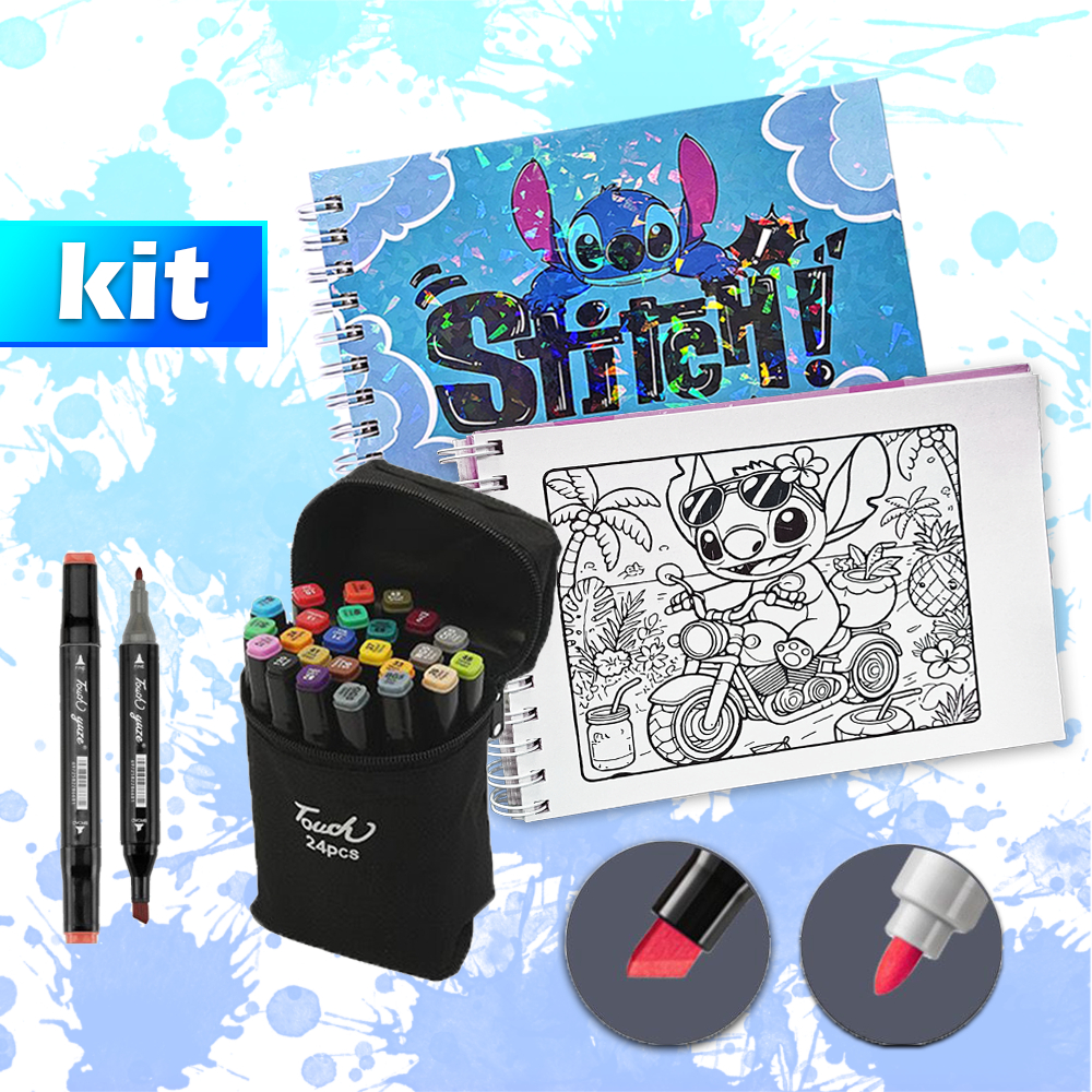 KIT Caderno de Colorir + Canetinha Duas Pontas – 24 cores, 50 páginas de Desenho STICH