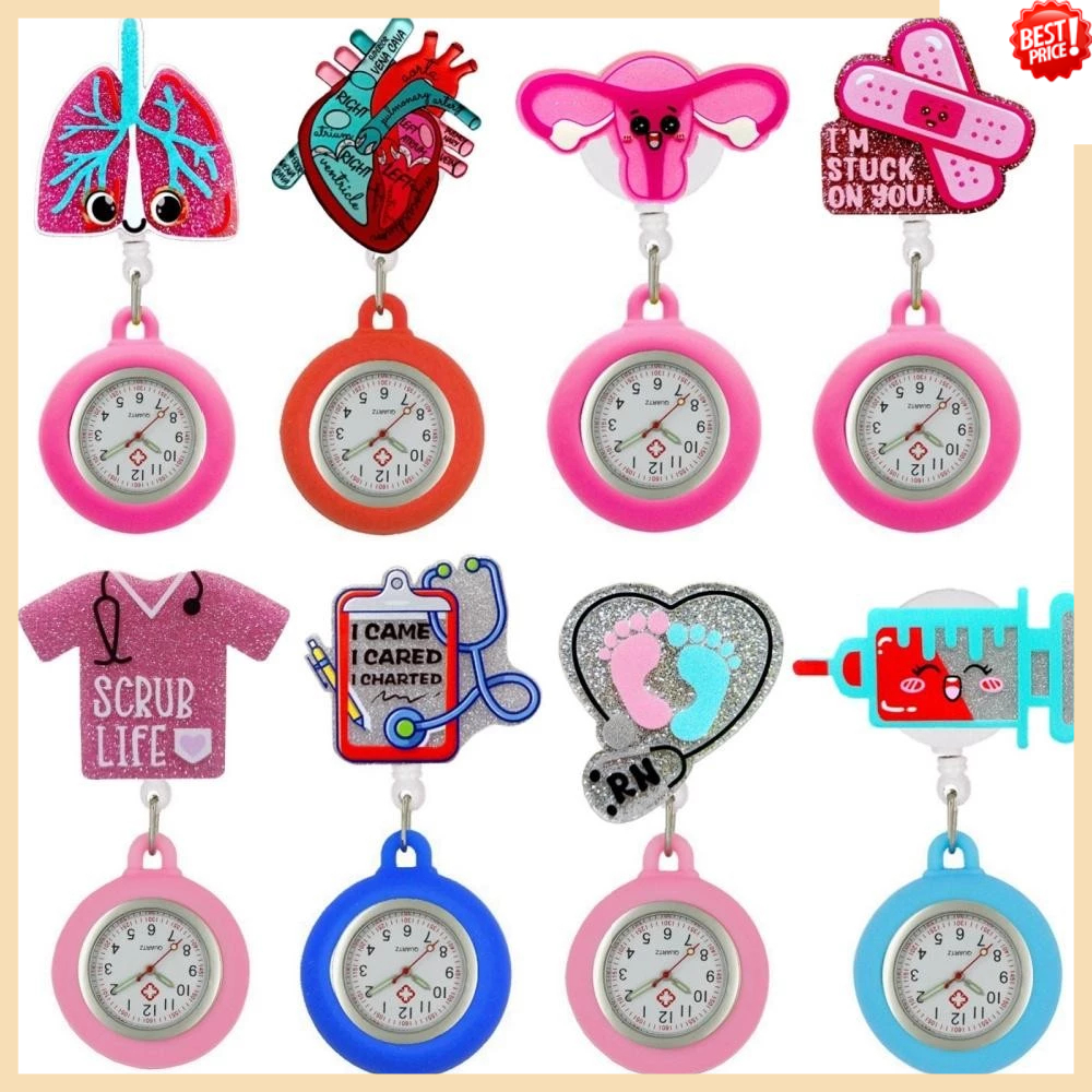 Relógio De Bolso Retrátil Com Glitter De Desenho Animado Para Enfermeiras Médicos Clip-on Pendurado
