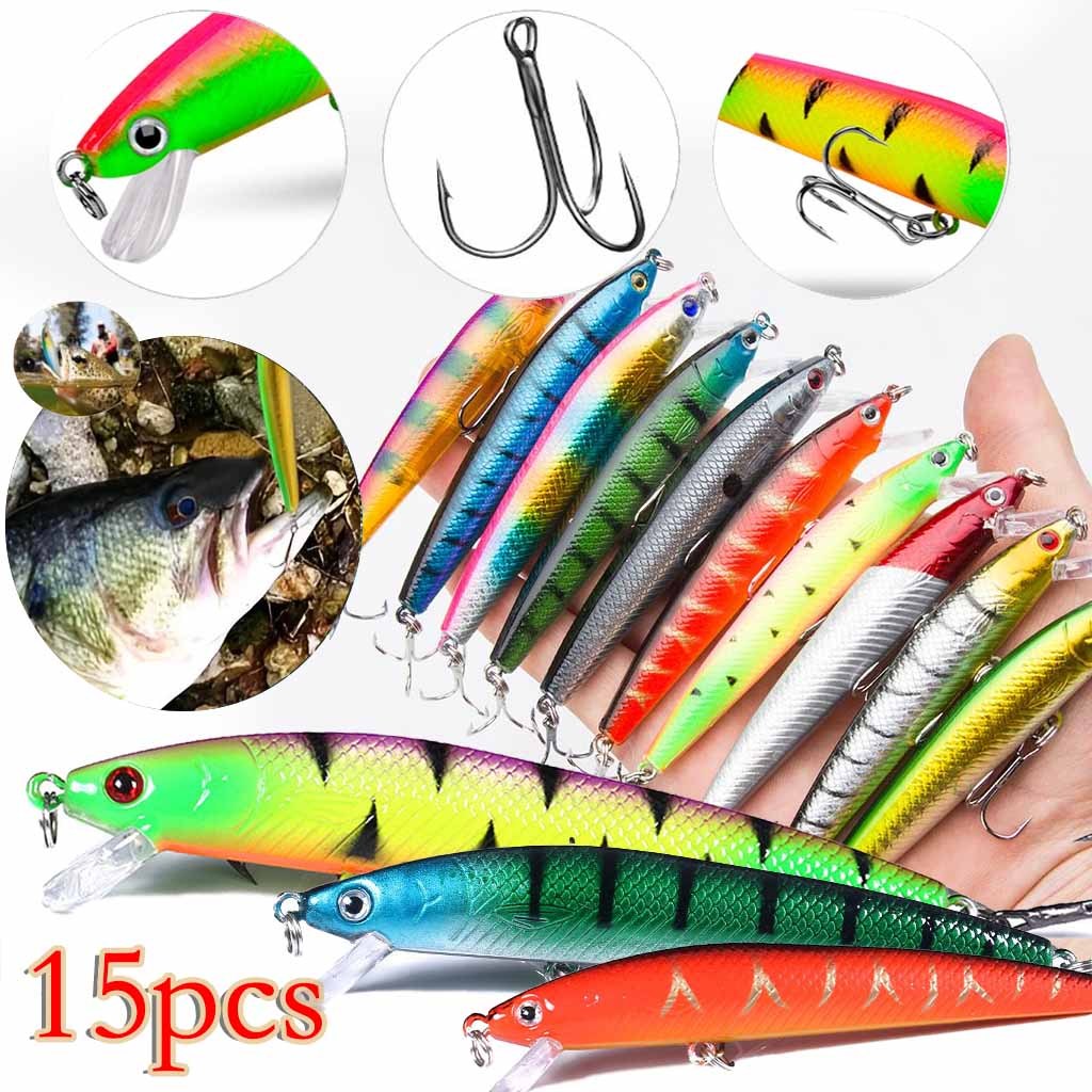 Kit Com 15pcs/Pesca Iscas Artificials Dura De Qualidade Minnow Lure 3D Olhos De Plástico Jig Wobbler