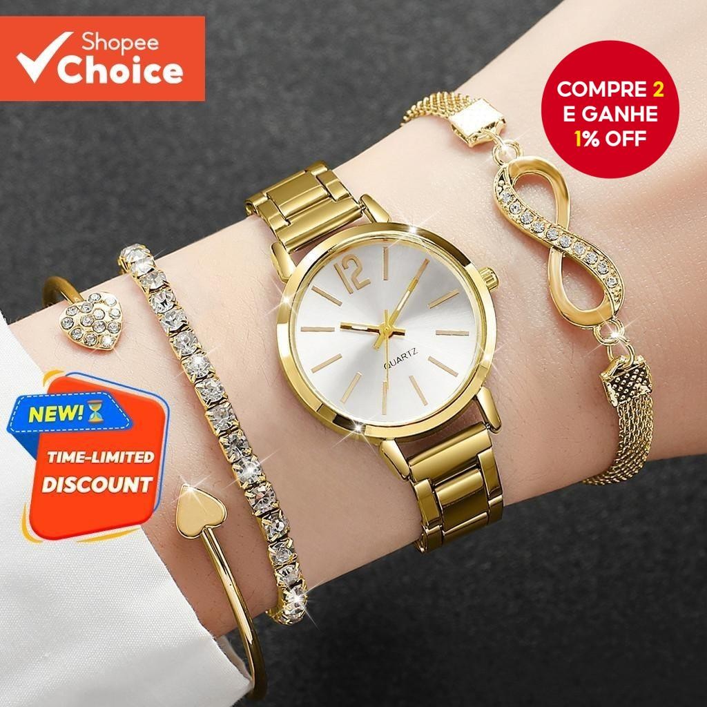 Conjunto Elegante De Relógios Femininos De 4 Peças : Analógicos De Quartzo Sim ple Com Pulseiras Da