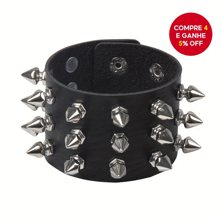 Pulseira de Couro com Espinhos Estilo Punk Gótico na Moda | Pulseira Ajustável Unissex para Hiphop e