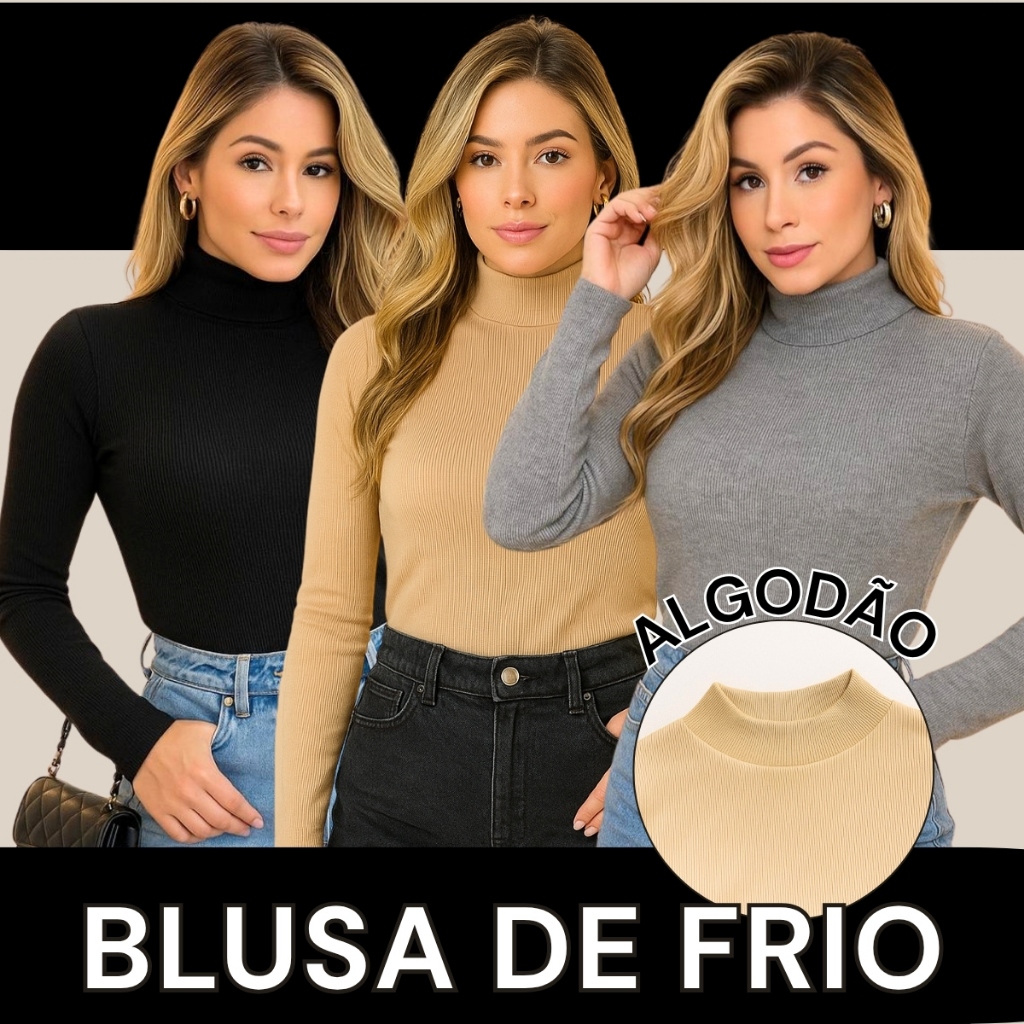 Blusa Feminina Manga Longa Cacharrel 100% Algodão Confortável Básico Gola Alta