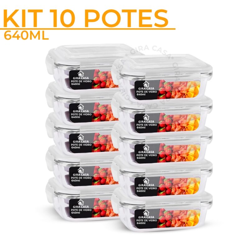 Kit 10 Potes de Vidro 640ml Hermético Marmita Fit