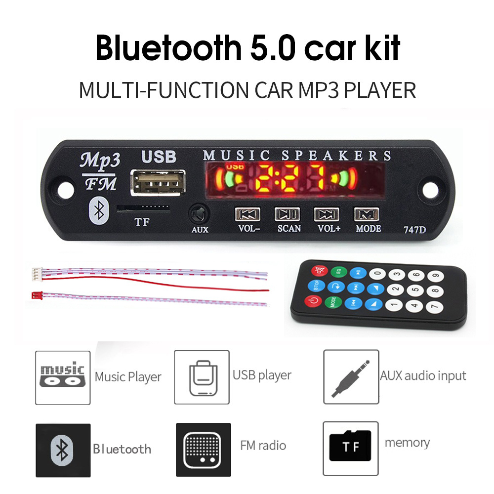 Placa de Amplificador de Áudio Bluetooth 5.0 para Carro, Rádio FM, Receptor TF USB 3.5mm AUX, 12V co