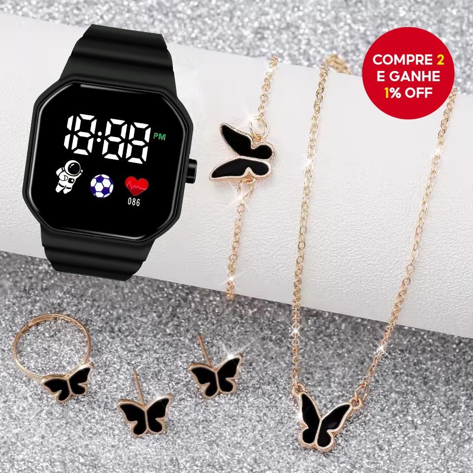 Conjunto De Relógio Digital Feminino Elegante De 6 Peças-Pulseira De Silicone Com Tela LED , E Colar
